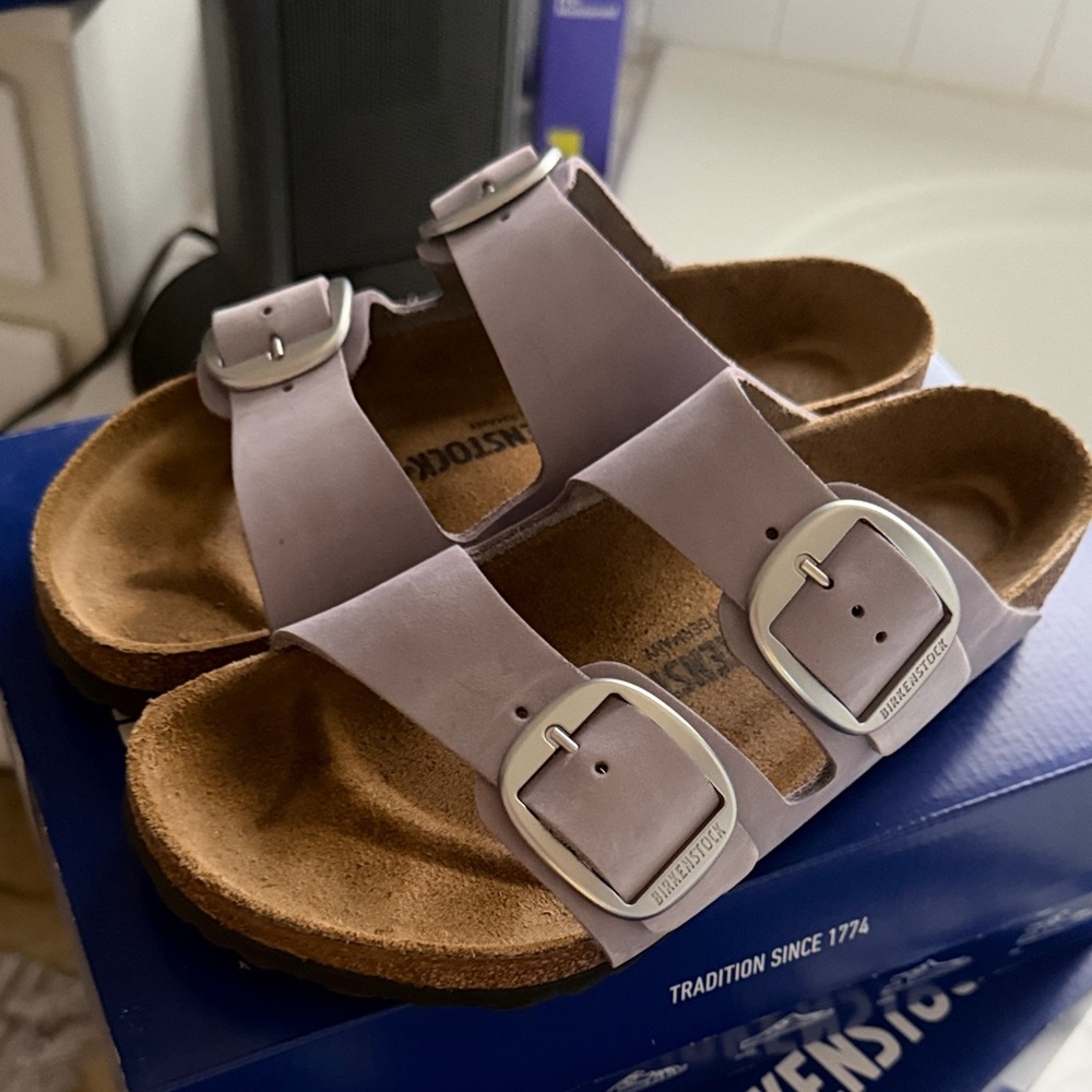 Birkenstock Arizona Big Buckle in Purple Fog Sandals with Metallic Buckles